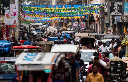 A crowded street in a market on the eve of Holi Festival, on March 13, 2025 in Guwahati, India.