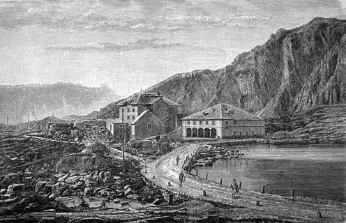 Hospice on the St Gotthard in Switzerland, in 1880, Historical, digital reproduction of an original