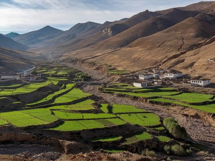 Village between green terraces, rice cultivation and agriculture in the highlands of Tibet, China