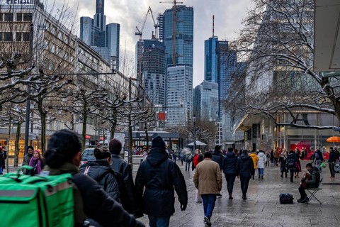 Zeil shopping street, pedestrian zone, winter weather, city centre skyline, banking district,