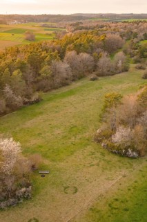 Green meadows lined with blooming trees under a warm evening light, e-bike tour, old sports field