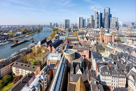 Frankfurt skyline skyscrapers in the city centre with Römer and river Main from above in Frankfurt,