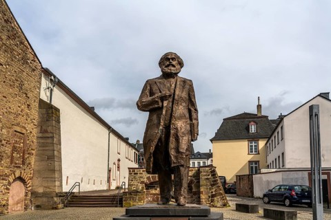 The Karl Marx statue on Simeonstiftplatz in Trier, Rhineland-Palatinate, Germany