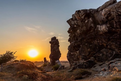 Sunset at the Devil's Wall near Weddersleben, Thale, Harz, Saxony-Anhalt, Germany