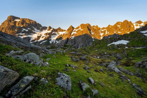 Rocky mountain peaks, landscape at the Trollfjord Hytta, mountain landscape with alpenglow at