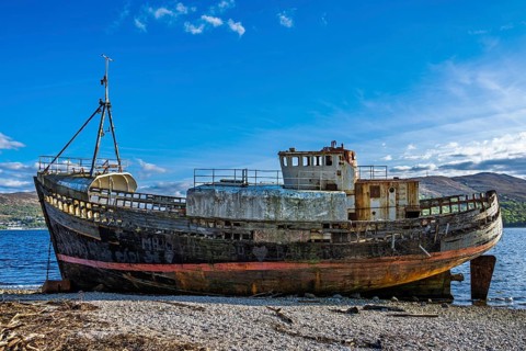 Corpach Wreck or Old Boat of Caol and Nevis Range Mountains, Caol Beach, Corpach, Fort William,