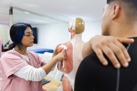 A physiotherapist educates a patient using an anatomical model in an Ecuador clinic, demonstrating
