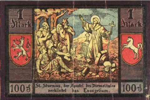 Emergency money, 1 mark, St Sturminus, the apostle of the Diemel valley, proclaiming the gospel,