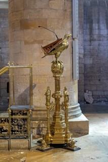 Brass eagle reading desk, interior view, former abbey church, Tewkesbury, Gloucestershire, England,