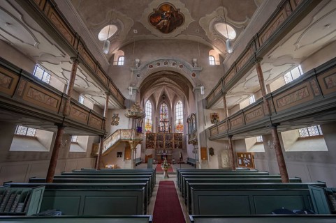 Interior with altar of the Protestant Church of St. Mary, baroqueised in the 18th century,