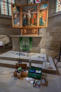 A winged altar in St James' Church during the restoration, Schönberg, Middle Franconia, Bavaria,