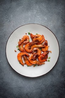 Fried tiger prawns, with spices, homemade, top view