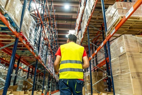 Rear view of a male worker walking along boxes in storage warehouse