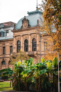 Historic building König Karlsbad in autumn, Bad Wildbad, Kurpark, Black Forest, Germany