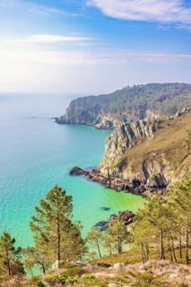 Scenics rocky coastline with a sea view and pine trees on the steep slope a sunny summer day,