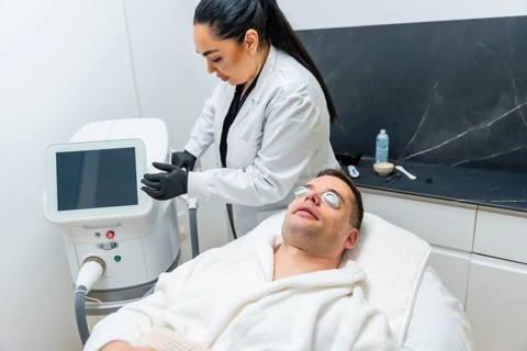 Man reclined on a white clinic bed wearing protective goggles while a beautician uses a modern