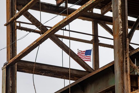 Detroit, Michigan - The framework of an old industrial building near the Detroit River, part of a