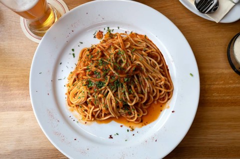 Spaghetti arabiata served in a restaurant, Franconia, Bavaria, Germany