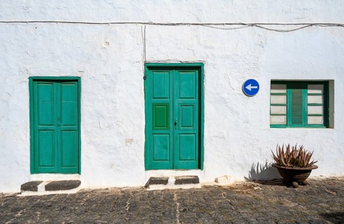 Typical white house with turquoise doors and windows, Teguise, Lanzarote, Canary Islands, Spain