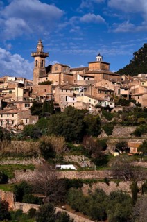 View of the mountain village of Valldemossa, parish church Església de Sant Bartolomeu, Tramuntana