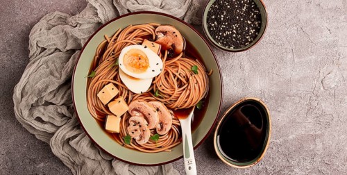 Asian soba soup, with mushrooms and egg, cheese, sesame seeds, homemade, no people