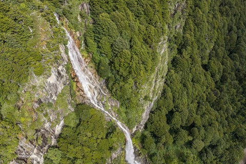 Aerial view of waterfall Cascada Lipi, at road X-608, west of Coyhaique, Chile