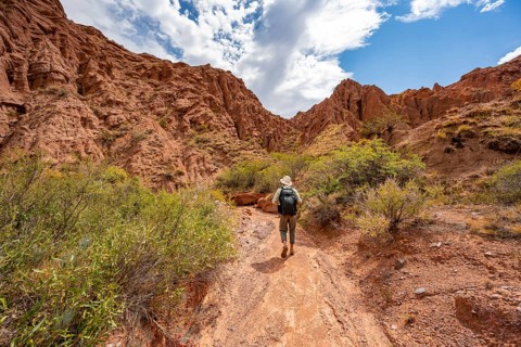 Mountaineers in a canyon with a dry stream bed, eroded mountain landscape with red sandstone rocks,