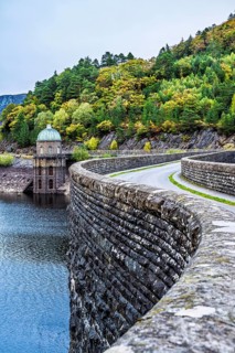 Autumn colors over Garreg Ddu Dam, Elan Valley, Caban-Coch Reservoir, Rhayader, Wales, UK