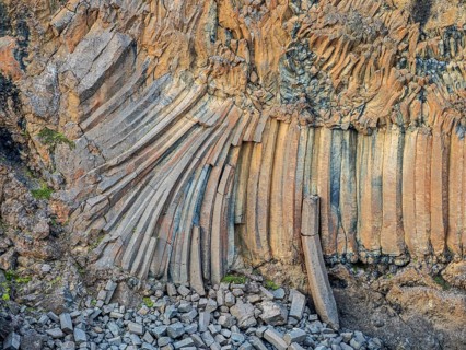 Basalt columns at waterfall Aldeyarfoss, gorge of river Skjalfandafljot, Iceland