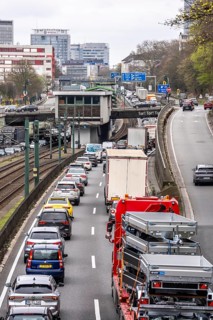 Everyday traffic jam on the A40 motorway, Ruhrschnellweg, in Essen, a good 5 km traffic jam heading