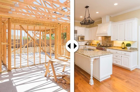 Before and after slider comparing wood framing construction and completed custom kitchen