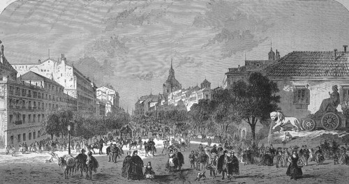 Rue dAlcala, Calle de Alcala, in Madrid in 1869, Spain, Historical, digitally restored reproduction