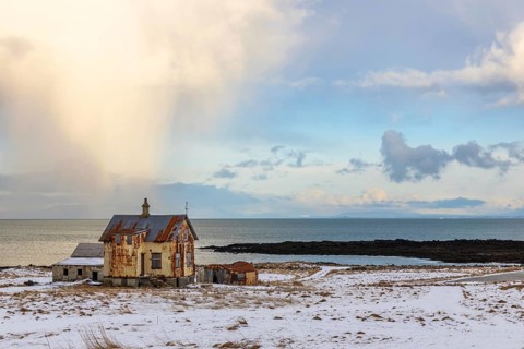 Abandoned house, dilapidated house, sea, snow, winter, Garður, Iceland, Scandinavia
