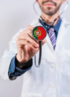 Portugal health and medical insurance concept. Portugal healthcare system, doctor holding
