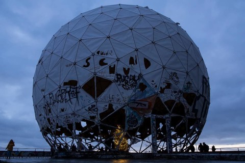 A Christmas tree stands inside a radar dome at the former listening station on the Teufelsberg,