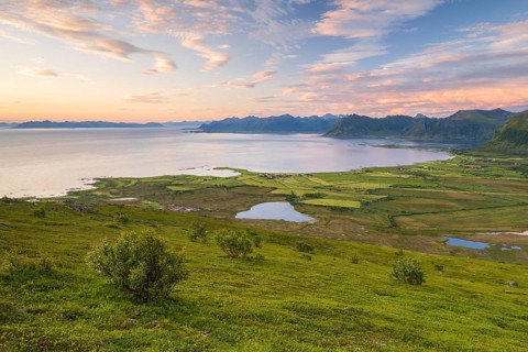 View of the coast and mountains from Mount Hoven, Gimsoy, Lofoten, Norway