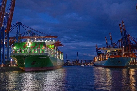 Blue hour, container ships, Ever Atop, container bridges, Köhlbrand Bridge, Eurogate, Burchardkai,