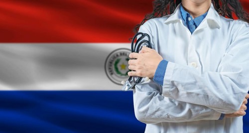 Healthcare professional with Paraguay flag background. Professional doctor holding stethoscope on