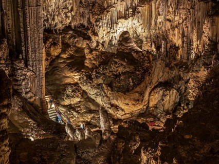 Cueva de Nerja, illuminated cave, large stalagmites and stalagtites, Nerja, Andalusia, Spain