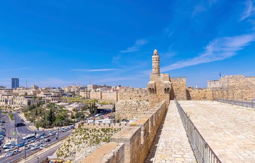 Jerusalem, Israel, scenic ramparts walk over walls of Old City with panoramic skyline views