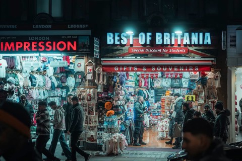 Bustling shopping scene at night, souvenir shops and customer, New Year's Eve London, Great Britain