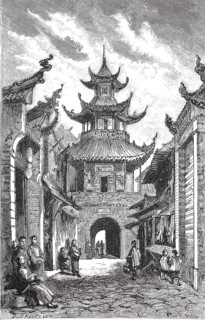 Scene in the city of Che-Tsouen-Chien in China during the 19th century, busy street with