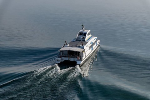 The catamaran operated by Reederei Lake Constance GmbH und Co. KG connects the two Lake Constance