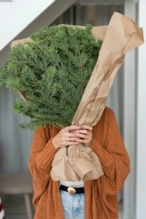 Unrecognizable female carrying a Christmas tree bouquet leaves covered in brown paper, representing