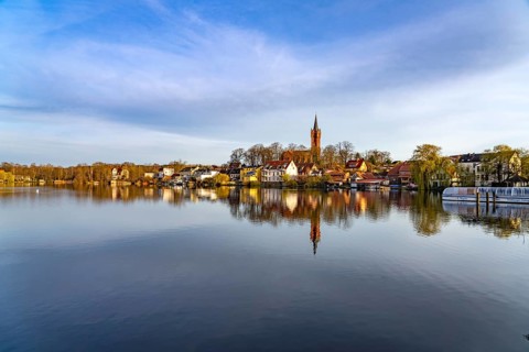The town of Feldberg on the Feldberger Haussee with the town church, Feldberger Seenlandschaft,