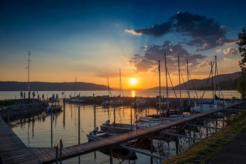 Marina, sunset, near Überlingen, Lake Constance, Baden-Württemberg, Germany