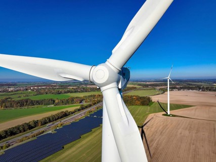 Glauchau, Saxony, Germany, Wind turbines, wind farm and solar farm on the A4 motorway near Glauchau