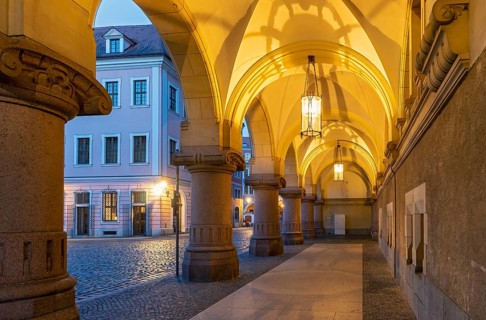 Arcades of New Town Hall building by night, Untermarkt, Görlitz, Goerlitz, Germany