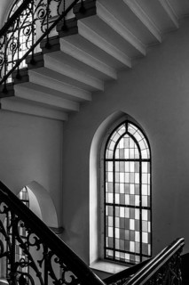 Black and white photograph, detail photo, staircase in the Sankt Hedwig Klinikum, Große Hamburger