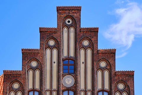 Stepped gable on the Old Customs House from 1868, heritage-protected neo-Gothic building at the Old